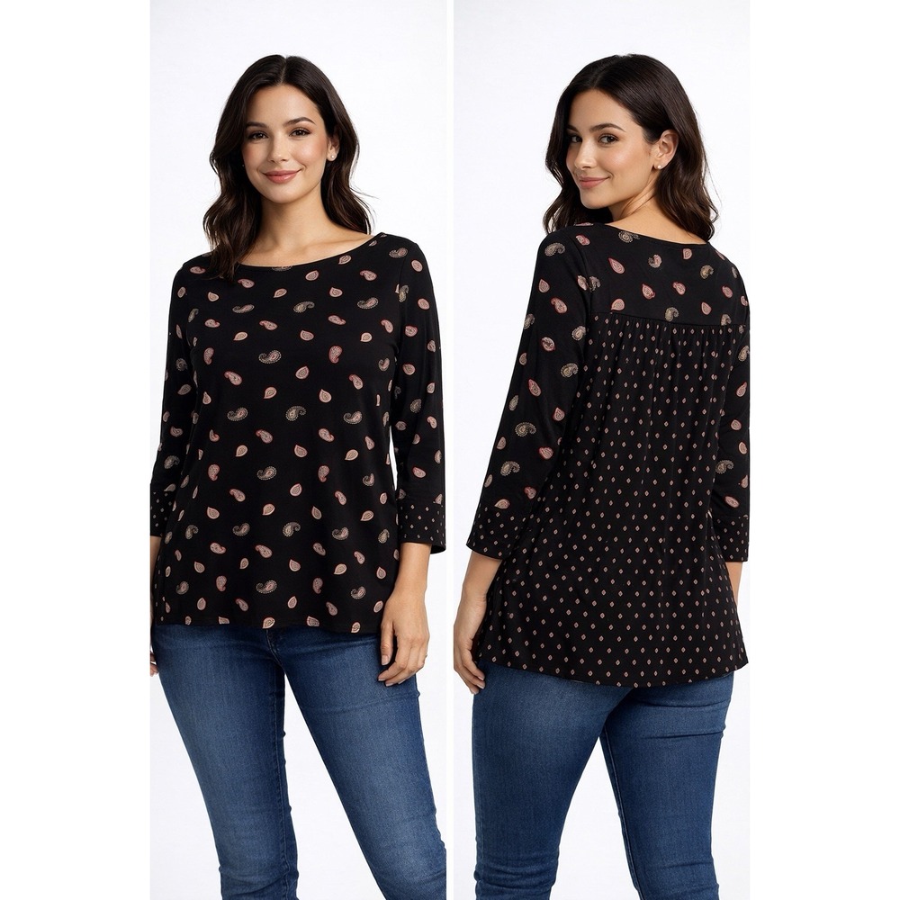J jill Womens Sz‎ Med Tee Black Paisley Modal Cotton Crew Neck Ls career light